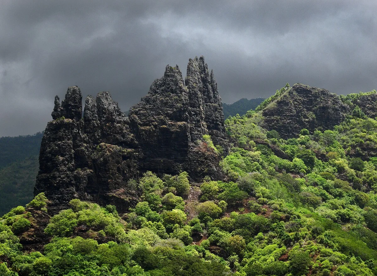 Landscape near Hatiheu Bay, Nuku Hiva. One named Marquesan setting, not a portrait of every island.