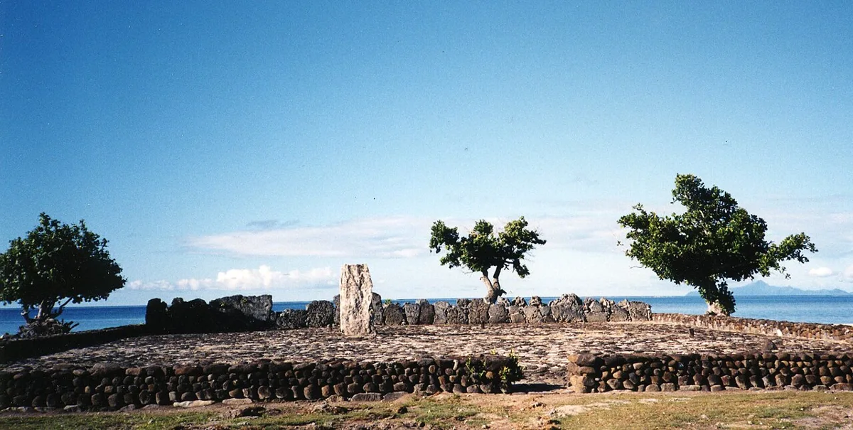 Taputapuātea marae on Raʻiātea, as identified by the photographer. The image shows part of a wider land-and-sea heritage site.